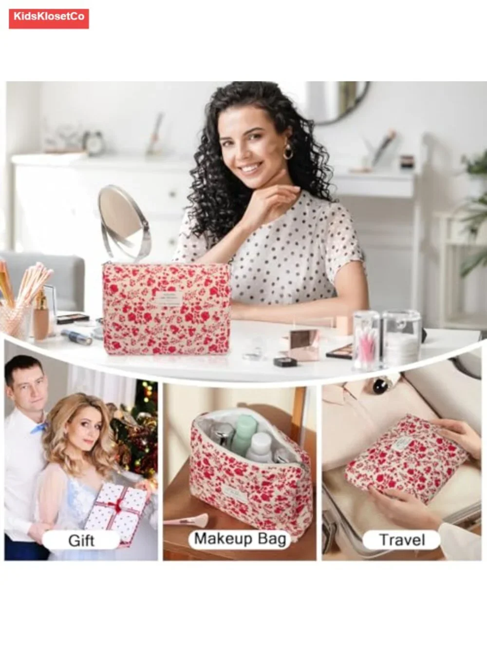 Large Floral Cotton Cosmetic Bag Set with Gold Zippers - Travel Makeup Organizer